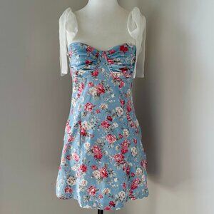 🩵 Hello Molly Baby Blue Floral Bustier Mini Dress Bow Strap 100% Cotton Size L